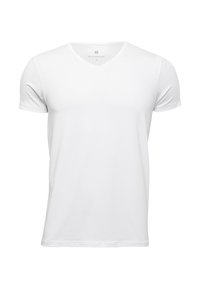 Hvid kortærmet t-shirt lavet af bomuld, med v-hals design og en glat, blød tekstur. Enkel, ensfarvet uden mønstre.