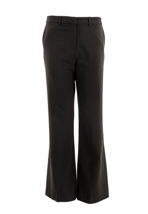 Pantalon évasé noir en matériau lisse avec une taille, passants de ceinture et une coupe ajustée. Pas de poches visibles ni d'ornements.