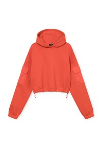 Koraalkleurige cropped hoodie met trekkoord onderaan, lange mouwen en twee zijzakken. Gemaakt van zachte stof, met een pullover ontwerp en capuchon.