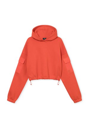 Korallefarbener, kurz geschnittene Kapuzenpullover mit Kordelzug am Saum, langen Ärmeln und zwei Seitentaschen. Aus weichem Stoff gefertigt, mit einem Pullover-Design und Kapuze.