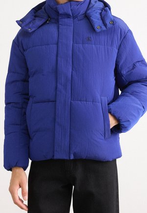 Mężczyzna ubrany w niebieską pikowaną kurtkę puchową z wysokim kołnierzem, ukrytym zamkiem z przodu i czarnym logo na piersi, w połączeniu z czarnymi spodniami.