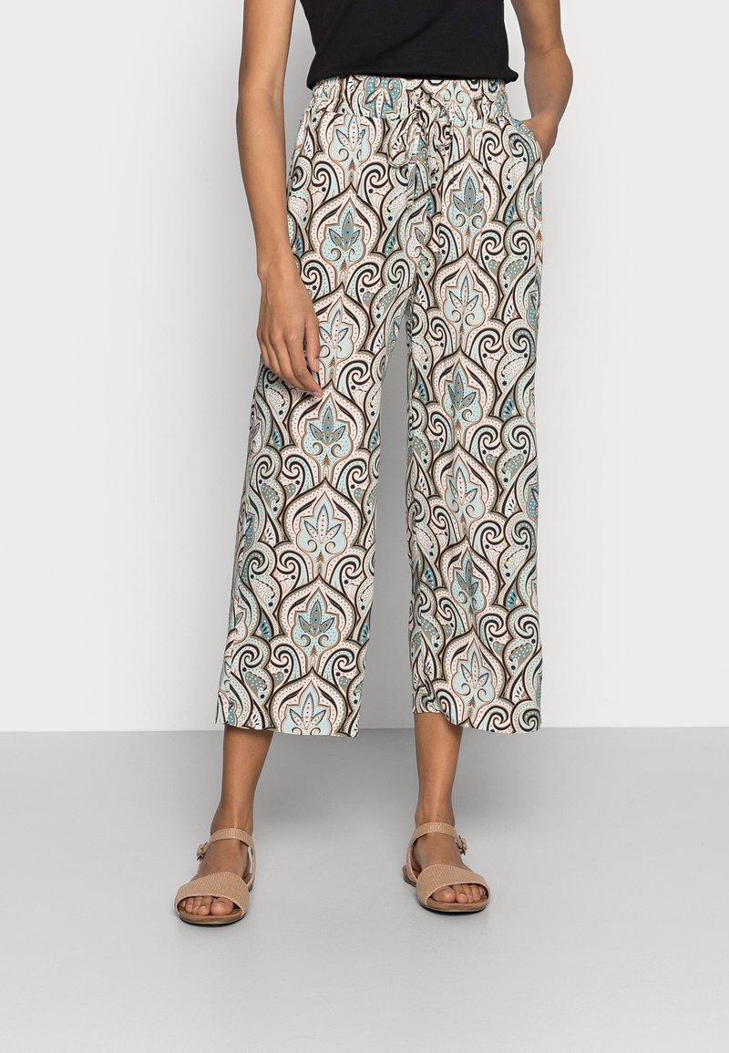 Pantalon court léger à motif avec taille à cordon, présentant un design floral en turquoise, beige et noir.
