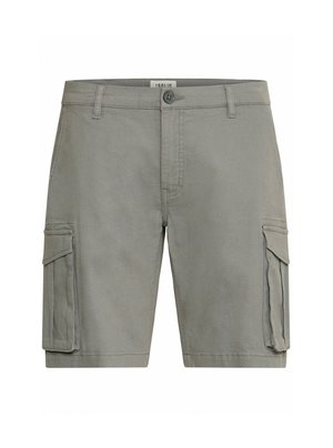 Shorts cargo en coton gris avec fermeture à bouton et deux poches latérales. Le tissu a une texture lisse avec des détails de couture renforcée.
