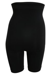 Høyt liv, svarte shaping-shorts laget av glatt og elastisk stoff; har et sømløst design og midt-lår lengde.