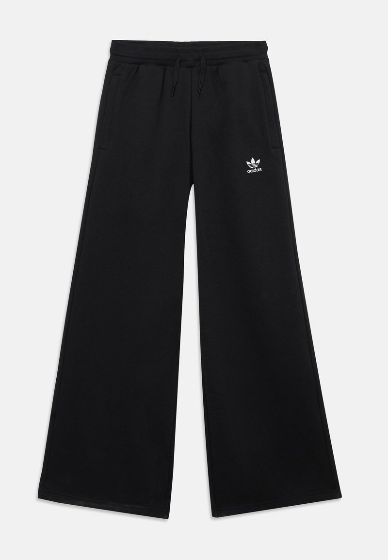 Black wide-leg sweatpants with a drawstring waist, side pockets, and a small white logo on the left thigh, made from soft fabric.