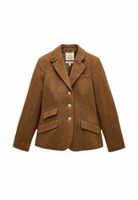 Blazer maro tip herringbone cu guler cu vârf, închidere cu nasturi aurii, două buzunare frontale și țesătură din lână texturată. Interior căptușit.