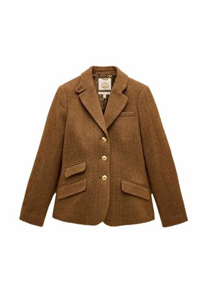 Brauner Herringbone-Blazer mit Reverskragen, goldener Knopfverschluss, zwei vorderen Taschen und strukturiertem Wollstoff. Gefüttertes Innere.