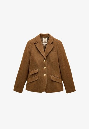 Brauner Herringbone-Blazer mit Reverskragen, goldener Knopfverschluss, zwei vorderen Taschen und strukturiertem Wollstoff. Gefüttertes Innere.