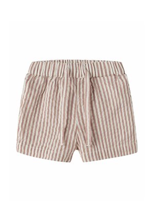 Shorts pour enfants beige et blanc à rayures verticales avec taille élastique et cordon à l'avant, en tissu léger.