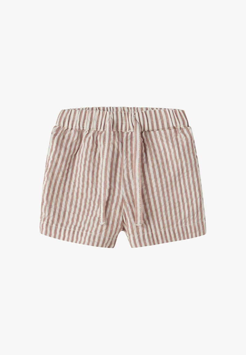 Shorts pour enfants beige et blanc à rayures verticales avec taille élastique et cordon à l'avant, en tissu léger.