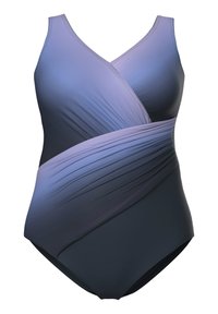 Badedragt i ét stykke med V-hals, brede skulderstropper og draperet stof, der krydser forsiden i lilla og mørkegrå nuancer.