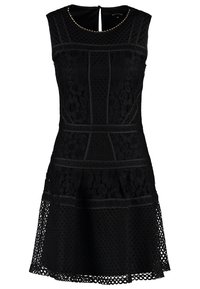 Svart ärmlös klänning med spetsdetaljer, en texturerad bodice med geometriska mönster och en nyckelhålsrygg med fodrad halsringning.