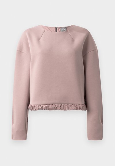 Heleroosa sweatshirt pehmest materjalist, ringkraega, pikkade varrukatega ja volangiga hemline'iga. Tagumine lukkdetail.