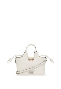 White leather handbag with dual top handles and removable shoulder strap. Features a rounded cutout design and silver hardware accents.