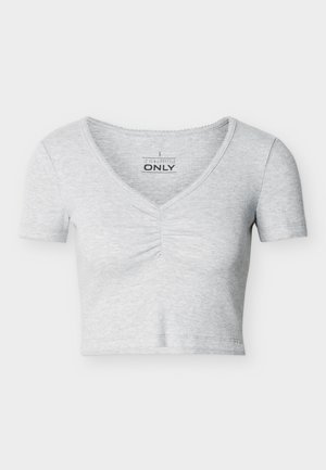 Hellgraues, geripptes Kurzarm-Cropped-Top mit V-Ausschnitt und leichter Raffungsdetail in der vorderen Mitte.