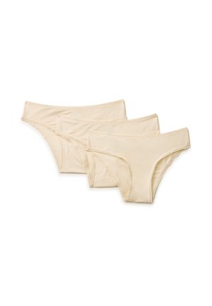 Tres bragas bikini para mujer de color beige con bordes de encaje, dispuestas superpuestas sobre un fondo blanco.