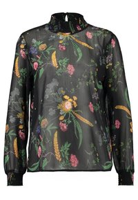 Przezroczysta czarna bluzka z wysokim kołnierzem, kwiatowymi motywami w kolorach różowym, żółtym i zielonym, ściągaczami na mankietach oraz subtelną fakturą.