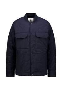 Marineblau gesteppte Jacke mit zwei Fronttaschen, Druckknöpfen, geripptem Kragen und einem strukturierten Muster auf dem Stoff. Kompaktes und leichtes Design.
