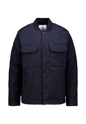Marineblau gesteppte Jacke mit zwei Fronttaschen, Druckknöpfen, geripptem Kragen und einem strukturierten Muster auf dem Stoff. Kompaktes und leichtes Design.