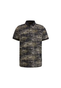 Polo-shirt met korte mouwen, gemaakt van een gestructureerde stof in donkerblauw en goud, met een kraag en een klein logo op de linkerkant van de borst.