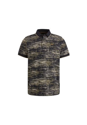 Camisa polo de manga corta con tejido texturizado en azul oscuro y dorado, con collar y un pequeño logo en el lado izquierdo del pecho.