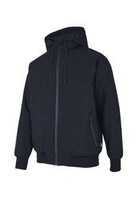 Schwarze Kapuzenjacke mit einem Frontreißverschluss, gerippten Bündchen und Saum sowie einer seitlichen Tasche. Hergestellt aus glattem Material mit einem strukturierten Innenfutter.