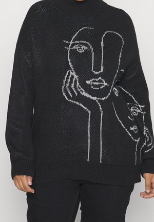 Black knitted sweater featuring a white abstract face graphic. High neck, long sleeves, and ribbed cuffs. Textured fabric with loose fit.