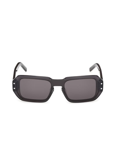 Schwarze, eckige, rechteckige Sonnenbrille mit dunklen Gläsern und kleinen, diamantförmigen silbernen Akzenten an den äußeren Kanten der Bügel.