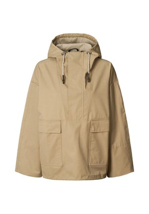 Veste à capuche beige avec une patte de boutonnage à l'avant, deux grandes poches plaquées et des cordons de serrage. Fabriquée en tissu léger et texturé.