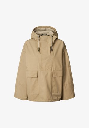Geacă bej cu glugă, cu o garnitură frontală, două buzunare aplicate mari și ajustări cu șnur. Confecționată dintr-un material ușor, texturat.