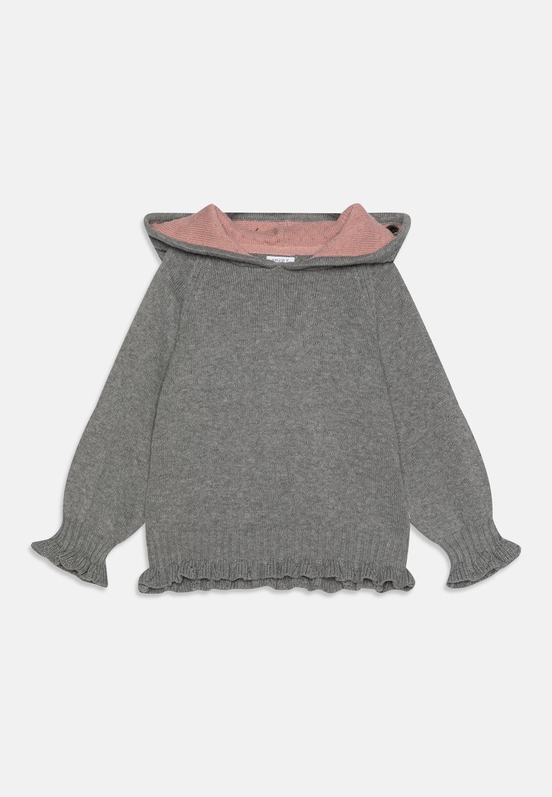 Grauer Strickpullover mit rosa Kapuze, fransigen Bündchen und Saum. Hat eine kuschelige, weiche Textur und lange Ärmel. Entworfen für Wärme und Komfort.