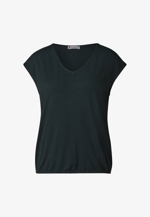 Černý látkový top s výstřihem do V, krátkými rukávy a volným střihem, s nařaseným lemem a hladkým povrchem. Viditelná značka.