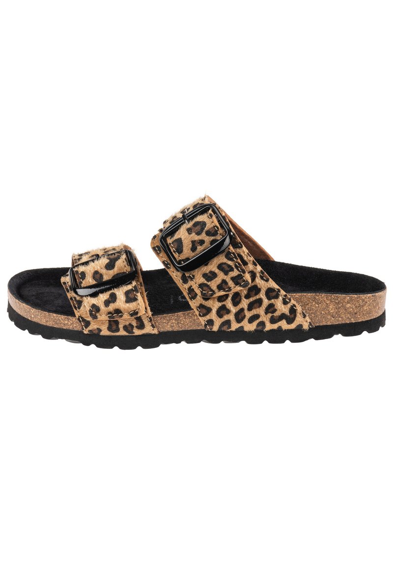 Infradito con stampa leopardata dotate di due cinghie regolabili con fibbia, soletta in sughero e suola in gomma nera per una buona aderenza.