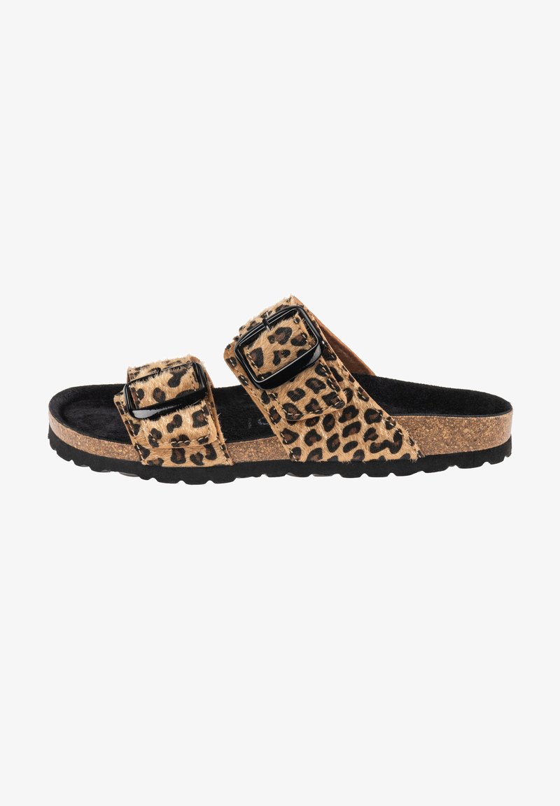 Leopard print slide sandals featuring two adjustable buckled straps, cork footbed, and a black rubber outsole for traction.