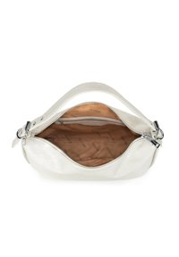 Biała skórzana torebka o gładkiej fakturze, z zamkiem błyskawicznym i jedną rączką na ramię. Wnętrze z brązowym wykończeniem w wzór logo.