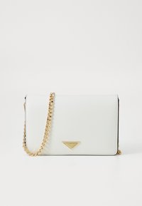 White textured handbag with a gold chain strap, featuring a triangular gold hardware accent on the front flap, rectangular shape.