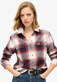 Chemise en flanelle à carreaux rouges et gris avec un devant à boutons, deux poches sur la poitrine et un col bleu clair. Portée sur un jean en denim taille haute.