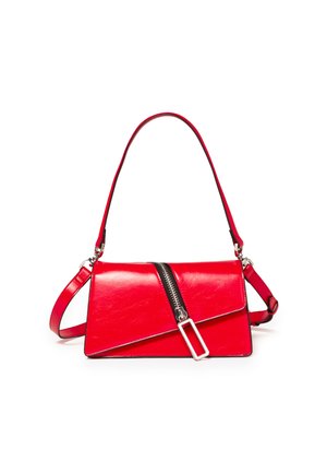 Red leather handbag with a sleek rectangular shape, featuring a contrasting black zipper and a silver hardware accent. Sturdy, adjustable strap.