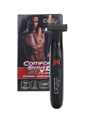 Rasoir électrique noir pour le corps et le visage avec un bouton d'alimentation rouge, présenté devant un emballage présentant un homme torse nu et les détails du produit.