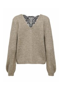 Pull beige avec un col V, manches longues et une finition texturée. Dispose de détails en dentelle au niveau du col pour un contraste supplémentaire.