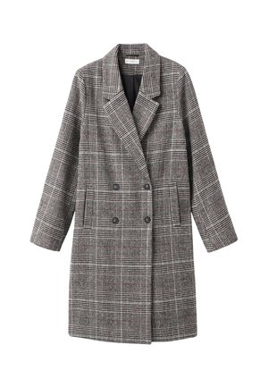 Manteau gris à carreaux à double boutonnage avec revers crantés ; deux poches latérales ; tissu texturé avec un motif à carreaux classique.