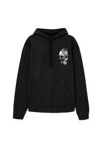 Hoodie noir avec poche avant, capuche à cordon de serrage, et un graphisme d'un serpent enroulé autour d'une skull sur le côté gauche de la poitrine.
