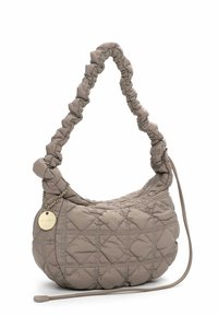 Quilted shoulder bag in taupe with a rounded shape, ruched handle, and golden charm. Features visible diamond-shaped stitching and smooth texture.