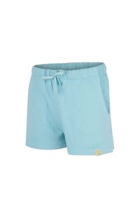 Hemelsblauwe katoenen shorts met een elastische tailleband, een trekkoord aan de voorkant en zijzakken. Opvallend merkteken aan de zoom.