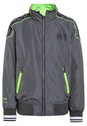 Graue leichte Jacke mit grünen Akzenten, Reißverschlusstaschen, hohem Kragen und gerippten Bündchen. Mit Logo-Print auf der Brust.