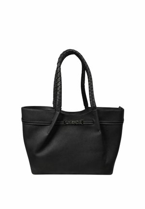 Borsa tote in pelle nera con manici intrecciati e targhetta metallica con il nome del marchio al centro davanti.