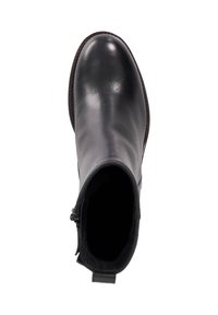Black leather ankle boot with a smooth finish, rounded toe, and side zipper. Features a stitched edge and a short heel.