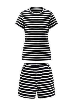 Zwart-wit horizontaal gestreept T-shirt met korte mouwen en bijpassende short met elastische taille.