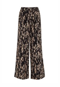 Pantalons noirs à jambe large avec un motif abstrait beige, dotés d'une coupe décontractée et d'un devant plissé, fabriqués à partir d'un tissu léger.