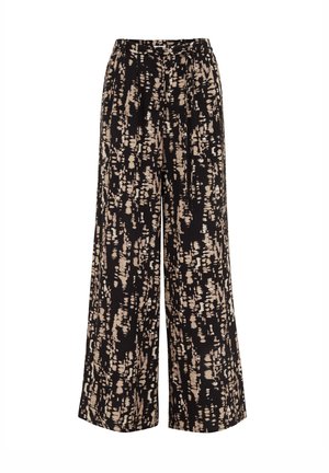 Pantaloni neri a gamba larga con un motivo astratto beige, caratterizzati da una vestibilità rilassata e una parte anteriore plissettata, realizzati in un tessuto leggero.